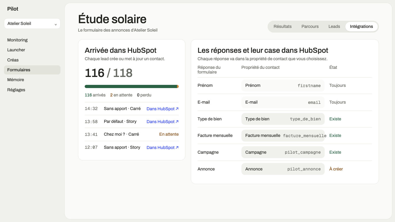 Leads from a form that are imported into HubSpot; each response is linked to a contact property