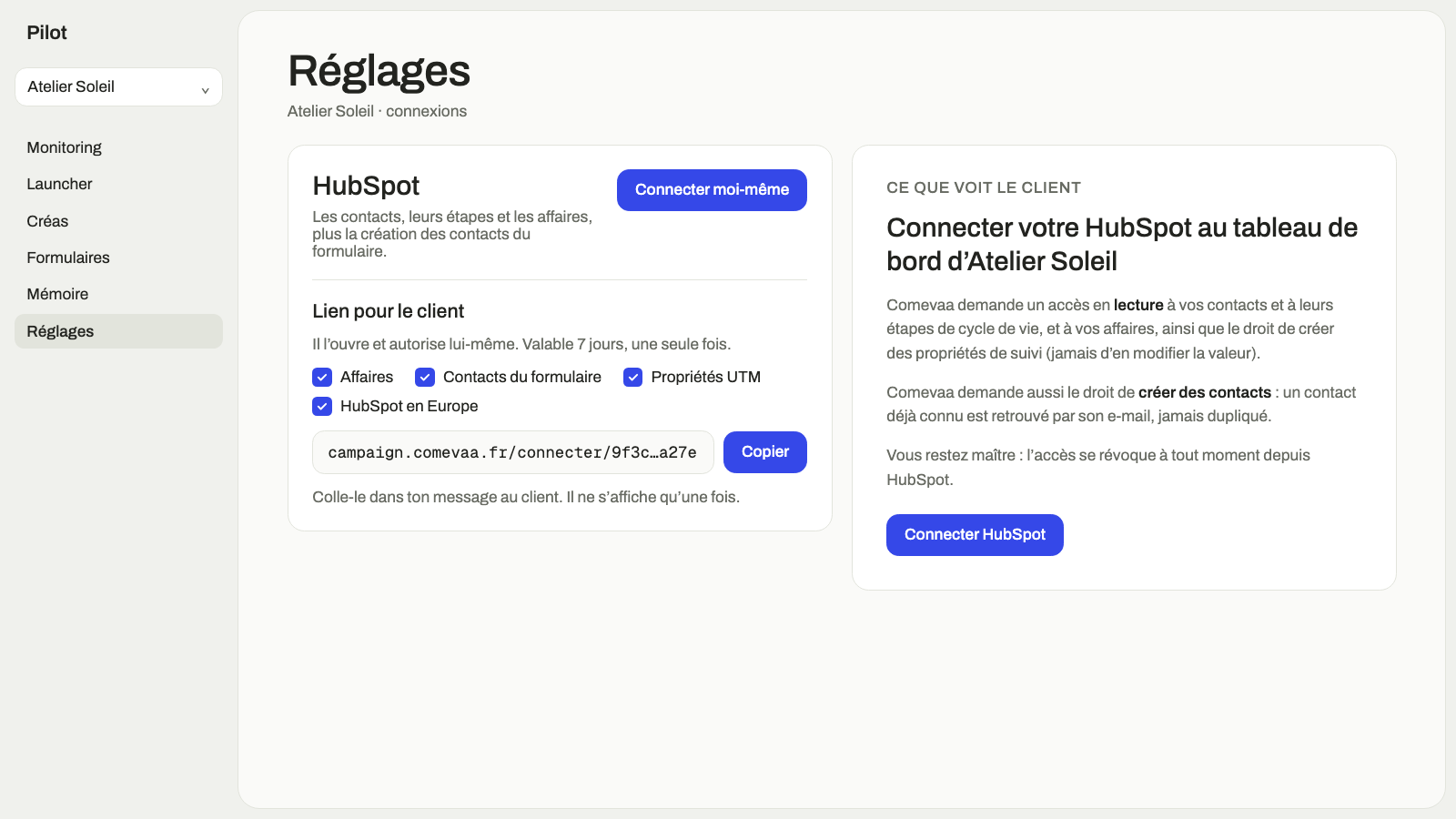 The settings for the agency that sends the login link, and the page where the client authorizes HubSpot